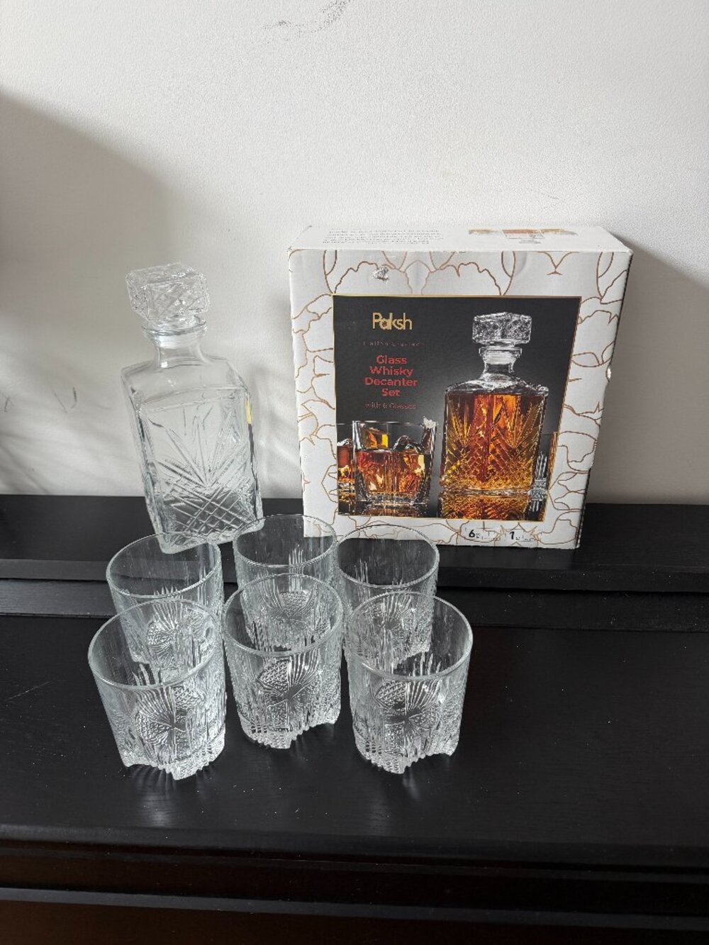 Paksh Italian Glass Decanter Set + 6 Whiskey Glasses